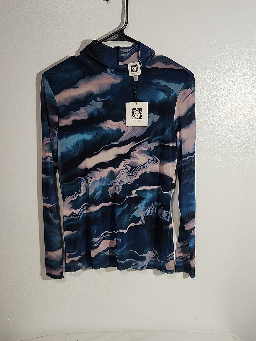 Anne Klein Blue & Pink Marble Wave Long Sleeve Mesh Top. Blue Ocean Multi